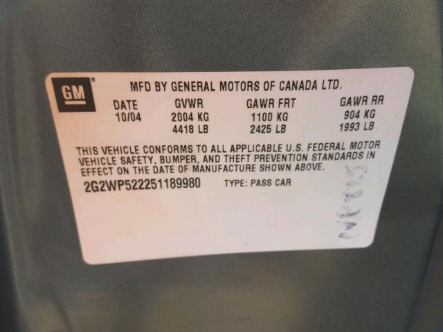 2G2WP522251189980 - 2005 PONTIAC GRAND PRIX ნაცრისფერი ფოტო 10