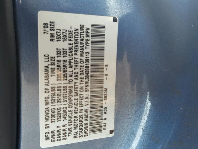 5FNRL38428B109113 - 2008 HONDA ODYSSEY EX BLUE photo 10