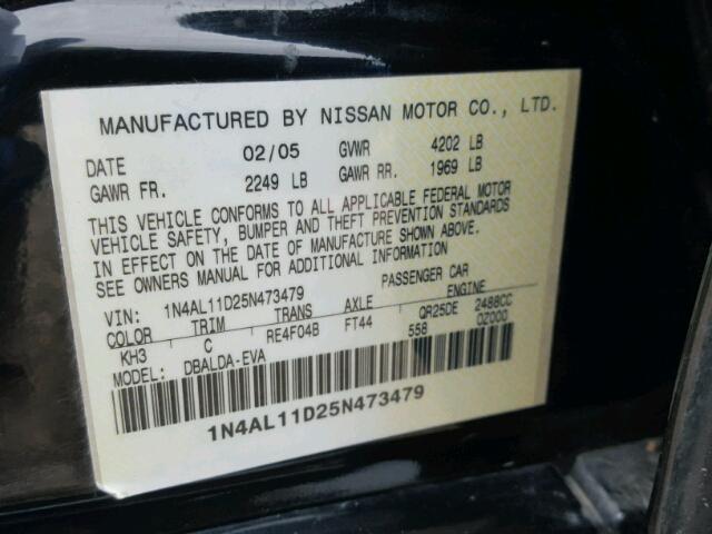 1N4AL11D25N473479 - 2005 NISSAN ALTIMA S BLACK photo 10