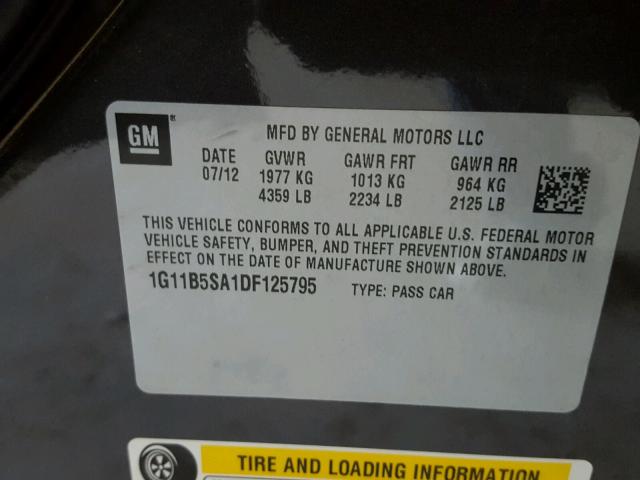 1G11B5SA1DF125795 - 2013 CHEVROLET MALIBU LS GRAY photo 10