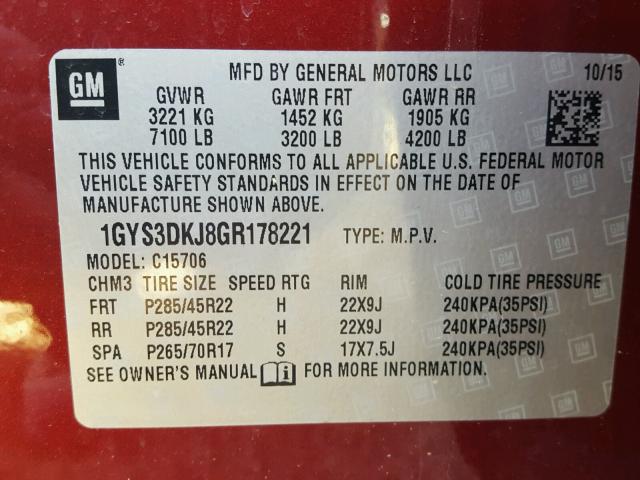 1GYS3DKJ8GR178221 - 2016 CADILLAC ESCALADE MAROON photo 10