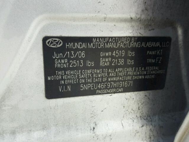 5NPEU46F97H191671 - 2007 HYUNDAI SONATA SE SILVER photo 10