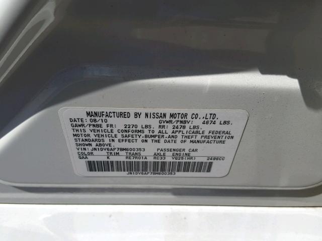 JN1DV6AP7BM600353 - 2011 INFINITI G25 BASE WHITE photo 10