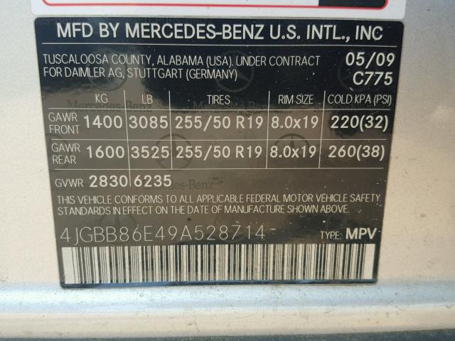 4JGBB86E49A528714 - 2009 MERCEDES-BENZ ML 350 SILVER photo 10