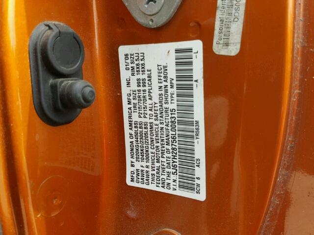 5J6YH28756L008315 - 2006 HONDA ELEMENT EX ORANGE photo 10