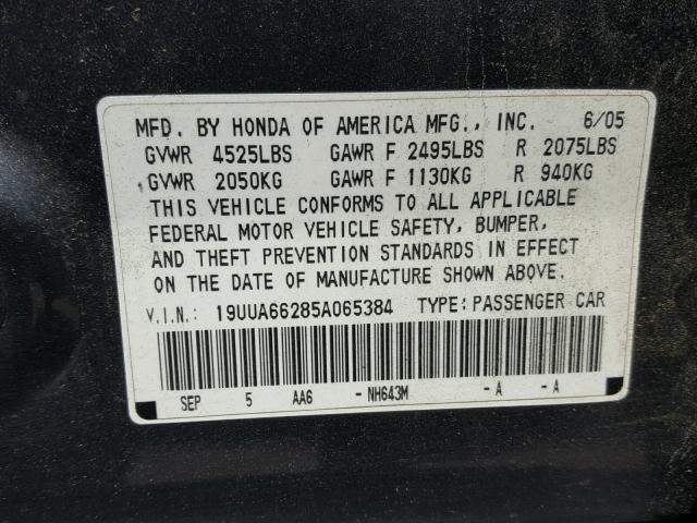 19UUA66285A065384 - 2005 ACURA TL GRAY photo 10