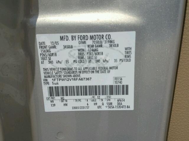 1FTPW12V16FA67367 - 2006 FORD F150 SILVER photo 10