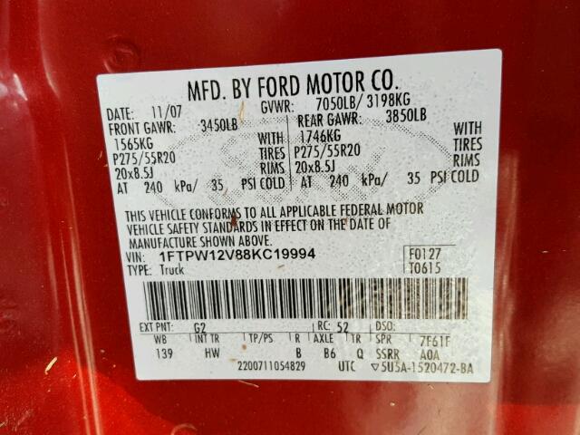 1FTPW12V88KC19994 - 2008 FORD F150 SUPER RED photo 10