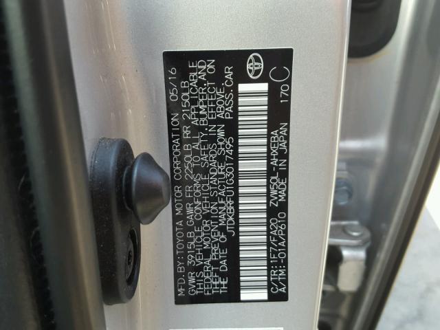 JTDKBRFU1G3017495 - 2016 TOYOTA PRIUS SILVER photo 10