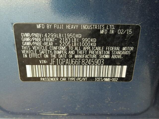 JF1GPAU66F8245903 - 2015 SUBARU IMPREZA BLUE photo 10