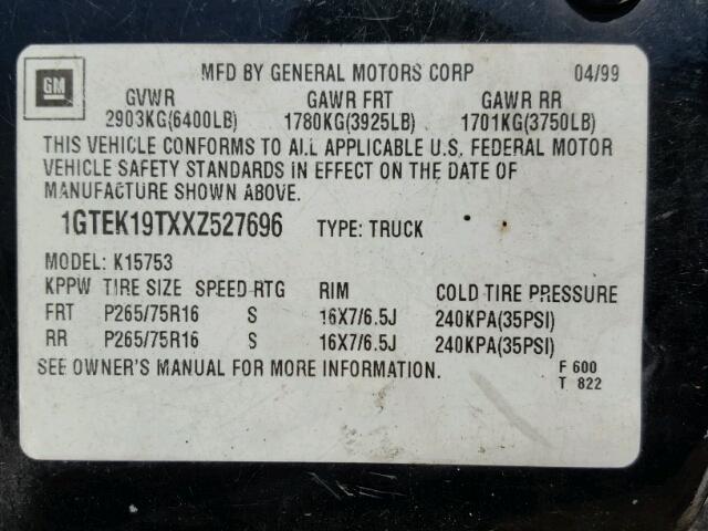 1GTEK19TXXZ527696 - 1999 GMC NEW SIERRA BLACK photo 10