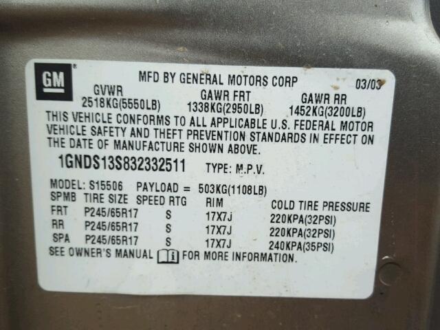 1GNDS13S832332511 - 2003 CHEVROLET TRAILBLAZE SILVER photo 10