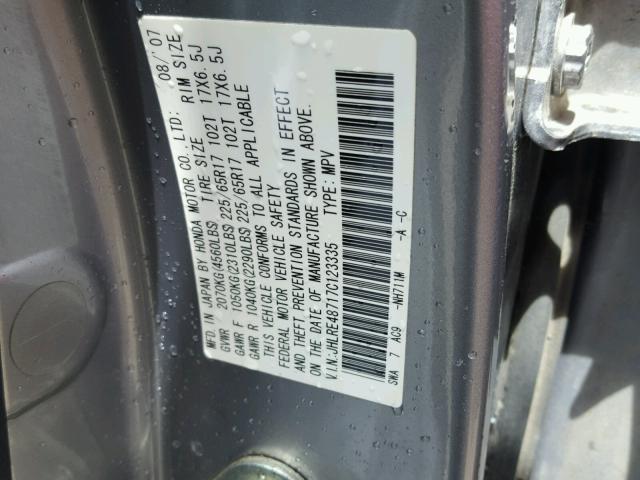 JHLRE48717C123335 - 2007 HONDA CR-V EXL SILVER photo 10