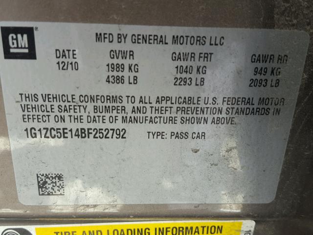 1G1ZC5E14BF252792 - 2011 CHEVROLET MALIBU 1LT 棕色 照片 10