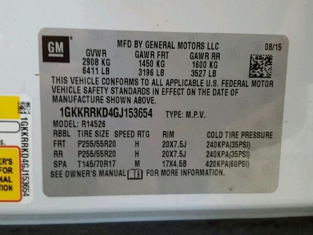 1GKKRRKD4GJ153654 - 2016 GMC ACADIA SLT თეთრი ფოტო 10