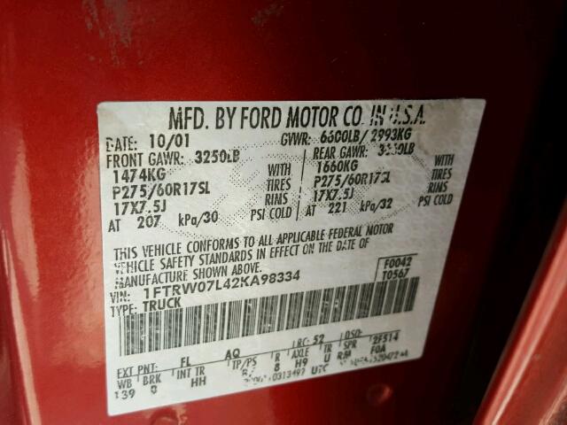 1FTRW07L42KA98334 - 2002 FORD F150 SUPER RED photo 10