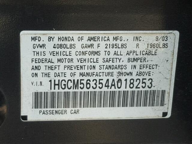 1HGCM56354A018253 - 2004 HONDA ACCORD GRAY photo 10