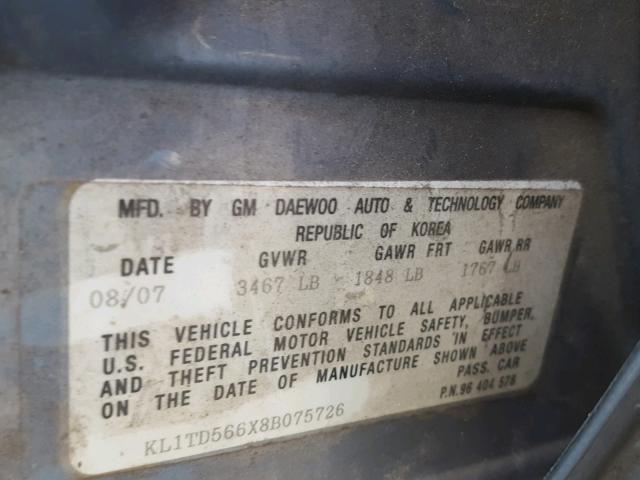 KL1TD566X8B075726 - 2008 CHEVROLET AVEO BASE Mavi foto 10