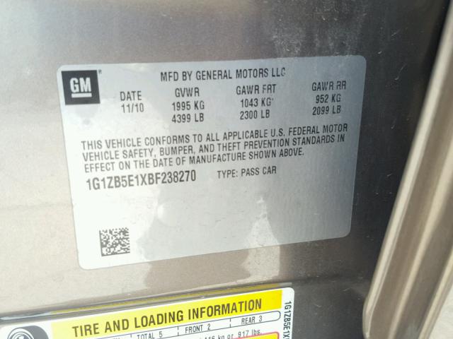 1G1ZB5E1XBF238270 - 2011 CHEVROLET MALIBU LS ოქროსფერი ფოტო 10