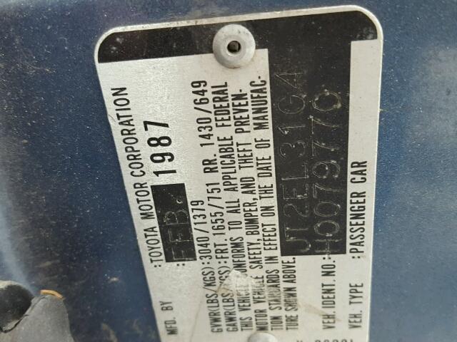 JT2EL31G4H0079770 - 1987 TOYOTA TERCEL BLUE photo 10