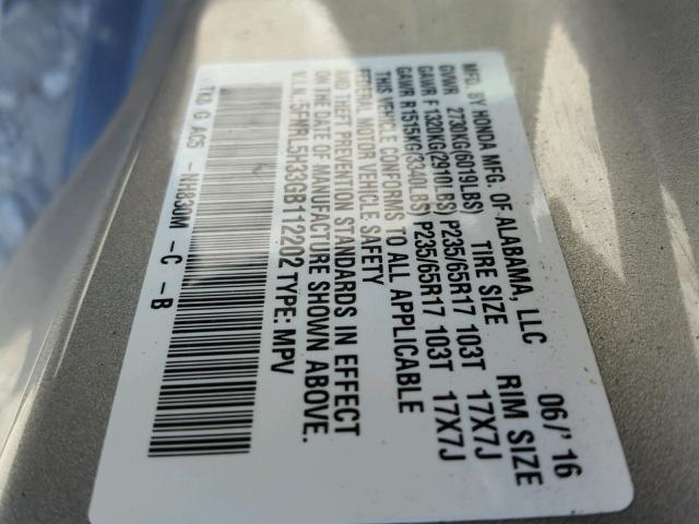 5FNRL5H33GB112202 - 2016 HONDA ODYSSEY SE GRAY photo 10