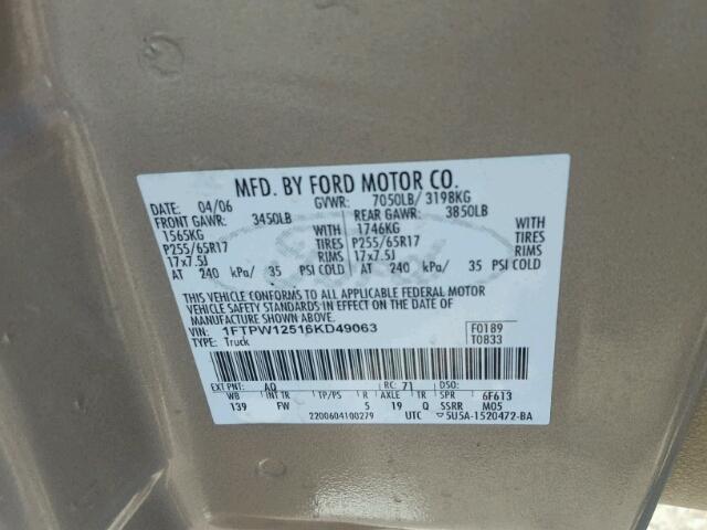 1FTPW12516KD49063 - 2006 FORD F150 金色 照片 10