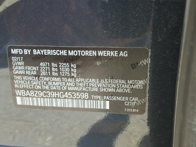 WBA8Z9C39HG453598 - 2017 BMW 330 XIGT GRAY photo 10