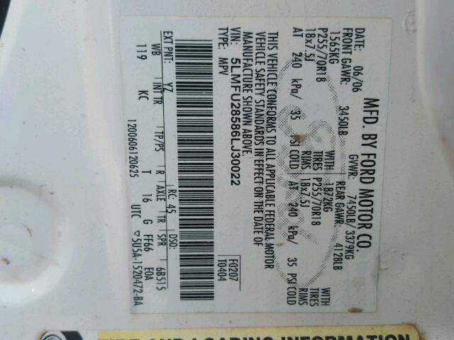 5LMFU28586LJ30022 - 2006 LINCOLN NAVIGATOR WHITE photo 10