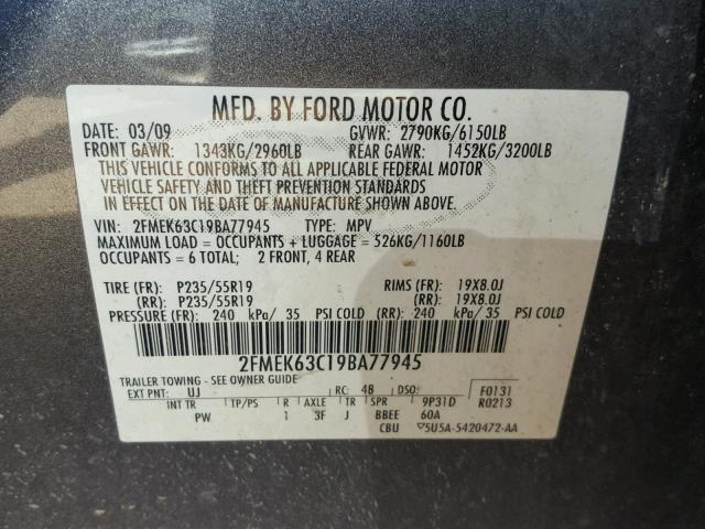 2FMEK63C19BA77945 - 2009 FORD FLEX LIMIT GRAY photo 10