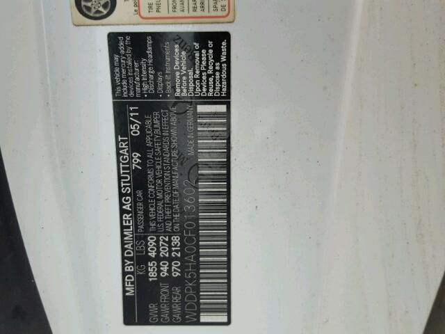 WDDPK5HA0CF013602 - 2012 MERCEDES-BENZ SLK WHITE photo 10