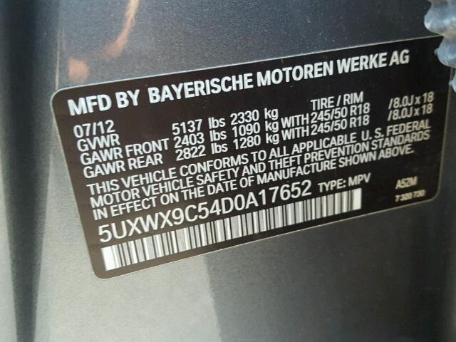 5UXWX9C54D0A17652 - 2013 BMW X3 XDRIVE2 GRAY photo 10