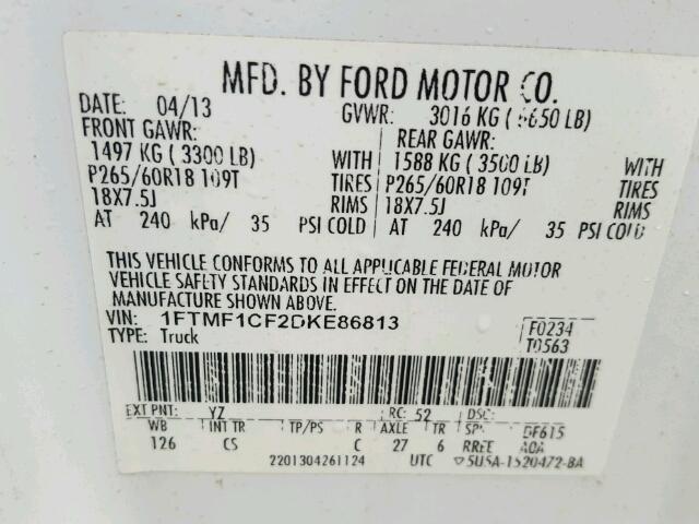 1FTMF1CF2DKE86813 - 2013 FORD F150 WHITE photo 10