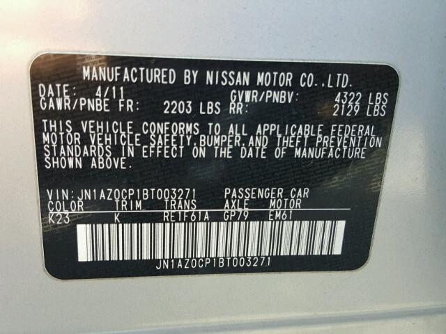 JN1AZ0CP1BT003271 - 2011 NISSAN LEAF SILVER photo 10