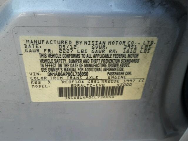 3N1AB6AP0CL738050 - 2012 NISSAN SENTRA 2.0 SILVER photo 10