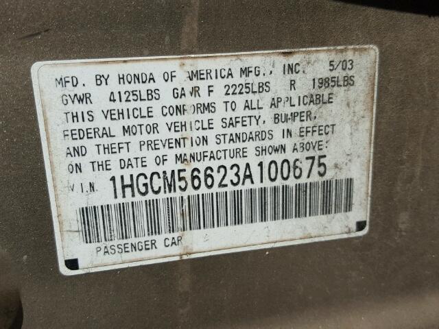 1HGCM56623A100675 - 2003 HONDA ACCORD EX GOLD photo 10