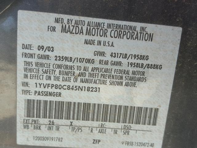 1YVFP80C845N18231 - 2004 MAZDA 6 I رمادي صورة 10