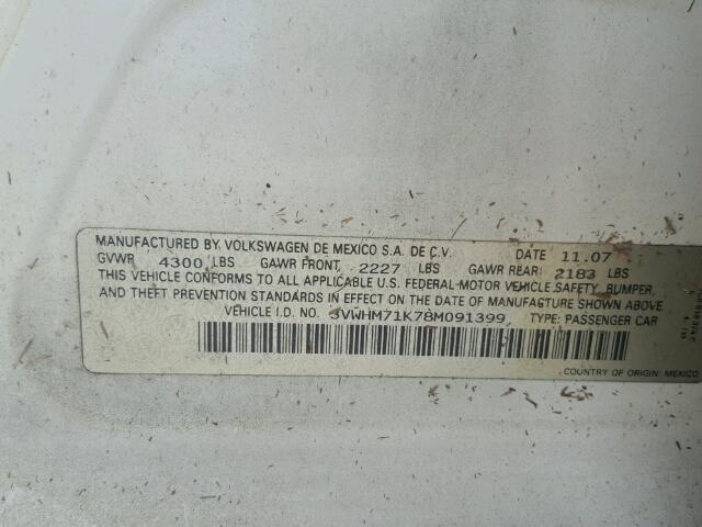 3VWHM71K78M091399 - 2008 VOLKSWAGEN JETTA WHITE photo 10