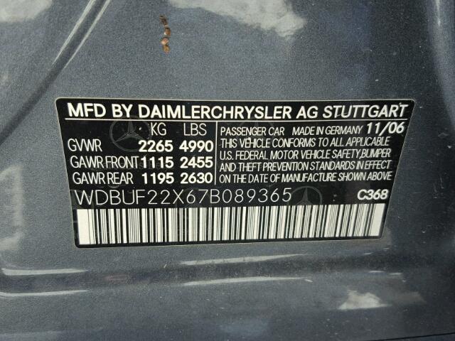 WDBUF22X67B089365 - 2007 MERCEDES-BENZ E 320 CDI GRAY photo 10