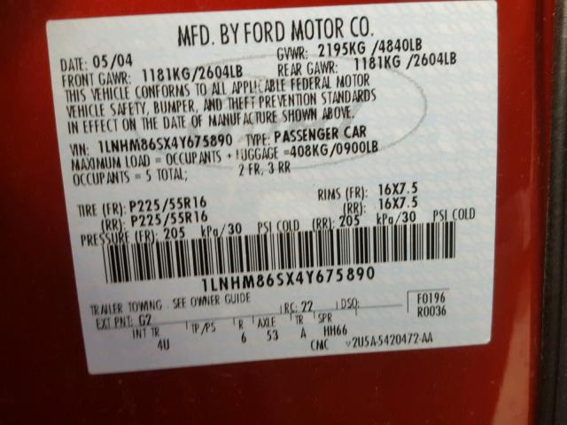 1LNHM86SX4Y675890 - 2004 LINCOLN LS 红色 照片 10