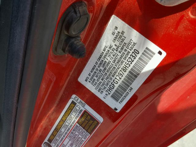 2HGFG12978H552370 - 2008 HONDA CIVIC EXL წითელი ფოტო 10