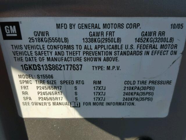 1GKDS13S862177637 - 2006 GMC ENVOY SILVER photo 10