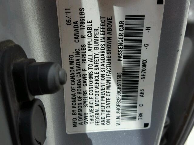 2HGFB2F99CH511505 - 2012 HONDA CIVIC EXL 银色 照片 10