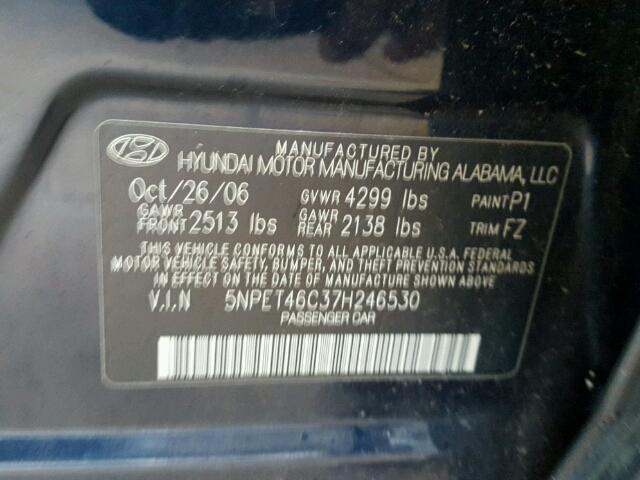 5NPET46C37H246530 - 2007 HYUNDAI SONATA GLS BLUE photo 10