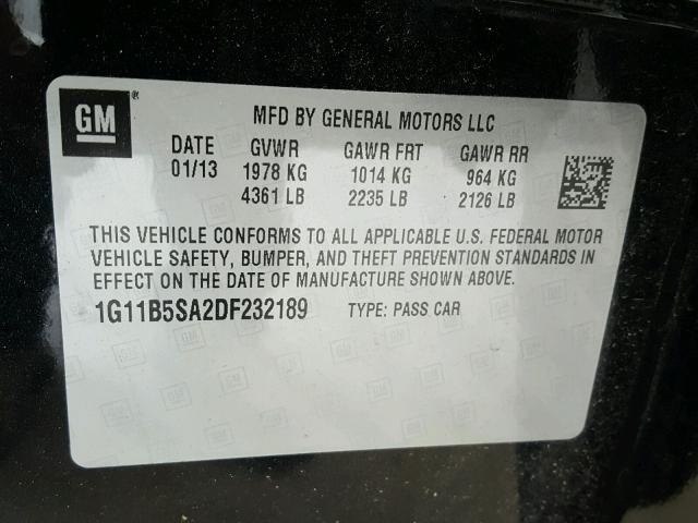 1G11B5SA2DF232189 - 2013 CHEVROLET MALIBU LS შავი ფოტო 10