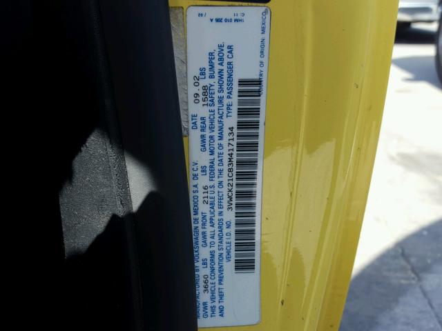 3VWCK21C83M417134 - 2003 VOLKSWAGEN NEW BEETLE 黄色 照片 10