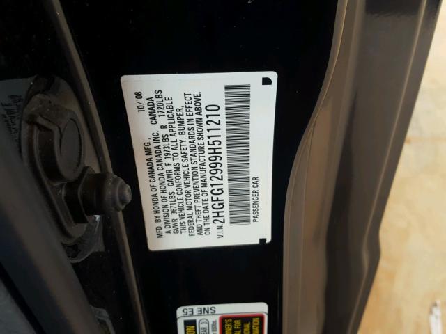2HGFG12999H511210 - 2009 HONDA CIVIC EXL 黑色 照片 10