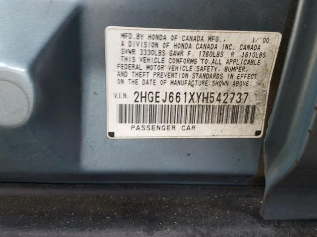 2HGEJ661XYH542737 - 2000 HONDA CIVIC BASE TEAL photo 10