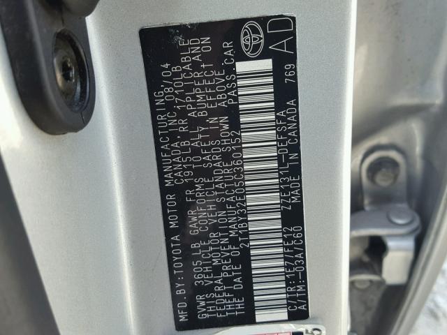 2T1BY32E05C360152 - 2005 TOYOTA COROLLA XR SILVER photo 10