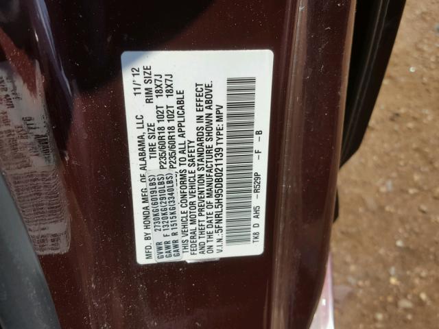 5FNRL5H95DB021139 - 2013 HONDA ODYSSEY TO MAROON photo 10