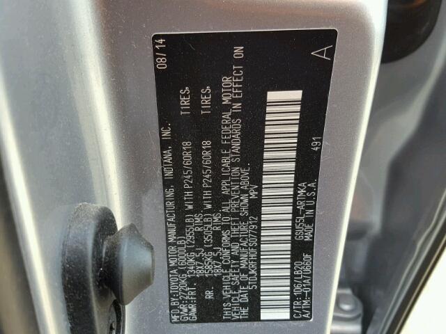 5TDJKRFH0FS077912 - 2015 TOYOTA HIGHLANDER SILVER photo 10